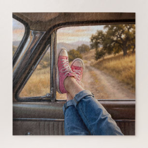 Rosa Sneaker im Retro-Autofenster Puzzle