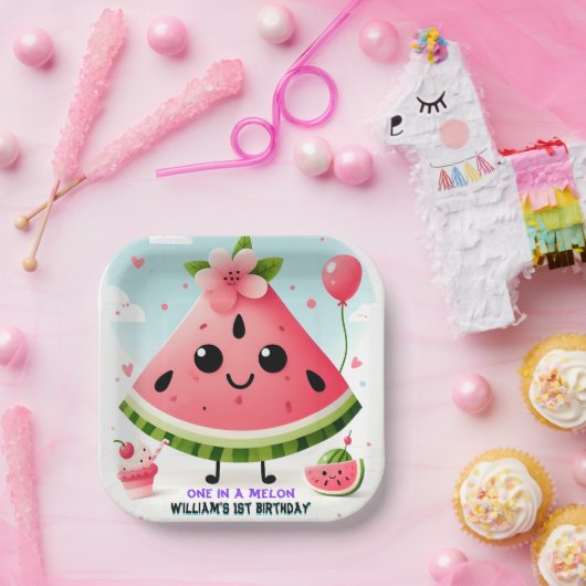 Rosa Sommer eins in einer Melone ersten 1. Geburts Pappteller (Party)