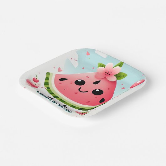 Rosa Sommer eins in einer Melone ersten 1. Geburts Pappteller (Gewinkelt)