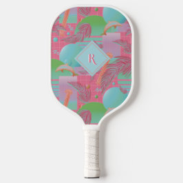 Rosa Sommer Vaporwave Sonnenuntergang und Palmen B Pickleball Schläger