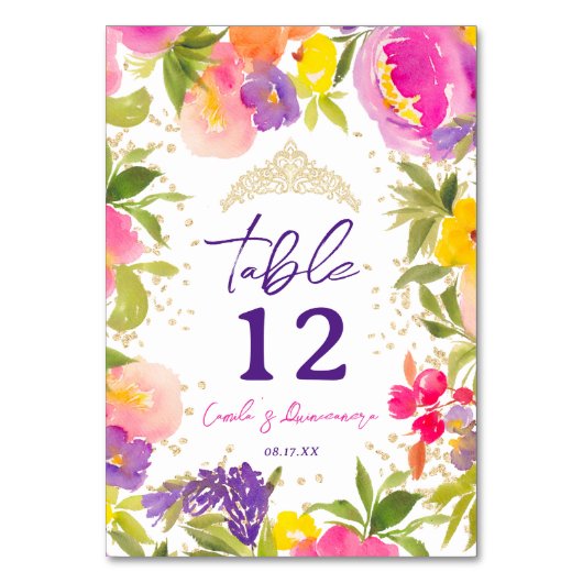 Rosa Sommerblumengold Quinceanera Tischnummer (Rückseite)