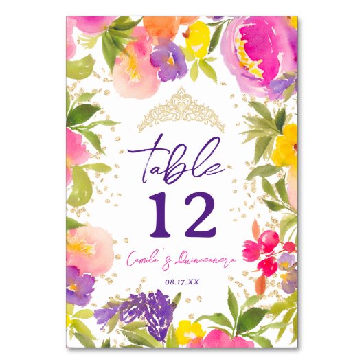 Rosa Sommerblumengold Quinceanera Tischnummer (Vorderseite)