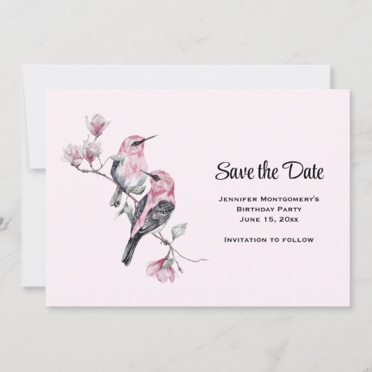 Rosa Songbirds auf einem Baumzweig Save The Date (Vorderseite)