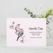 Rosa Songbirds auf einem Baumzweig Save The Date (Stehend Vorderseite)
