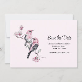 Rosa Songbirds auf einem Baumzweig Save The Date