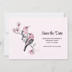 Rosa Songbirds auf einem Baumzweig Save The Date