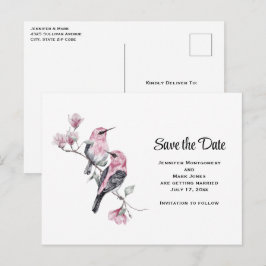 Rosa Songbirds auf einem Baumzweig Save the Date Einladungspostkarte