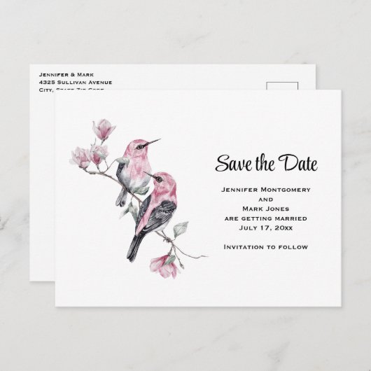 Rosa Songbirds auf einem Baumzweig Save the Date Einladungspostkarte (Vorne/Hinten)