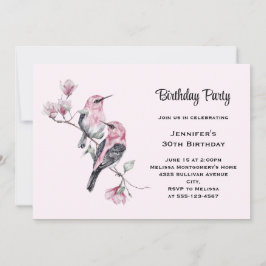 Rosa Songbirds auf einem Baumzweig zum Geburtstag Einladung