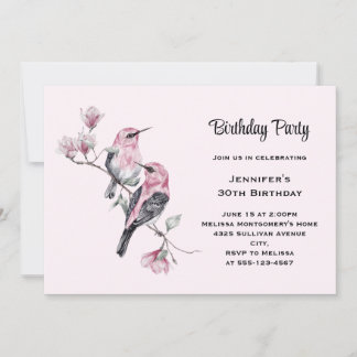 Rosa Songbirds auf einem Baumzweig zum Geburtstag Einladung