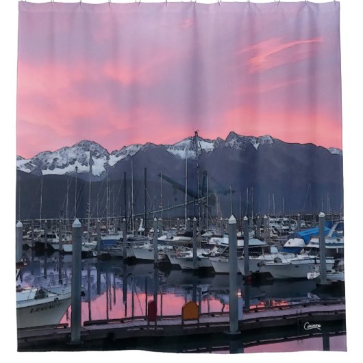 Rosa Sonnenaufgang Hafen - Duschvorhang (Vorderseite)