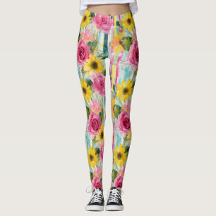 Rosa Sonnenblume Teal Sommer Floral Leggings