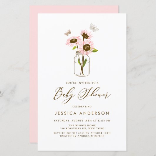 Rosa Sonnenblumen in Mason Jar Babydusche Einladun (Vorne/Hinten)