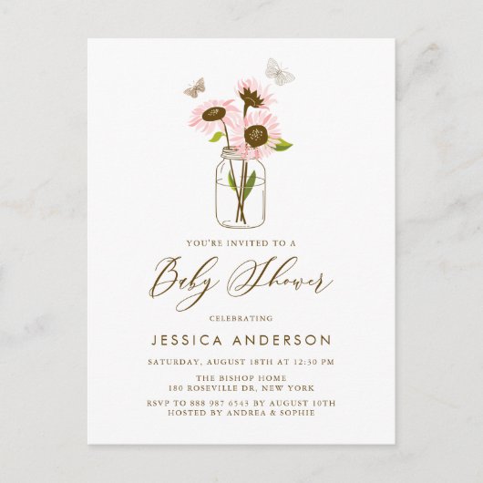 Rosa Sonnenblumen in Mason Jar Babydusche Einladungspostkarte (Vorderseite)