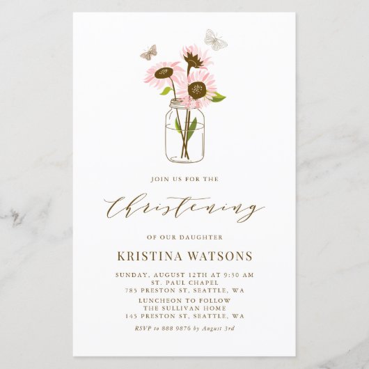 Rosa Sonnenblumen in Mason Jar Christening Einladu (Vorderseite)