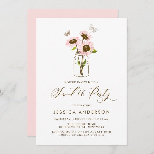 Rosa Sonnenblumen in Mason Jar Rustikal 16 . Gebur Einladung (Vorne/Hinten)