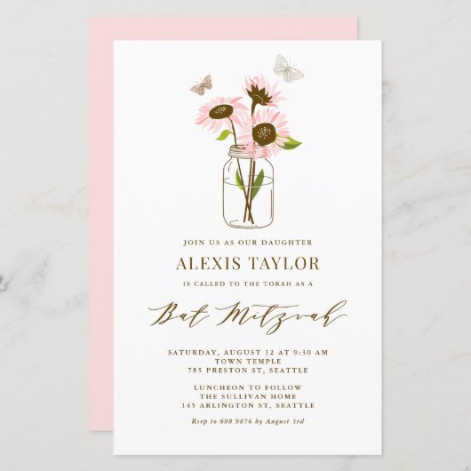 Rosa Sonnenblumen Mason Jar Bat Mitzvah Einladung (Vorne/Hinten)