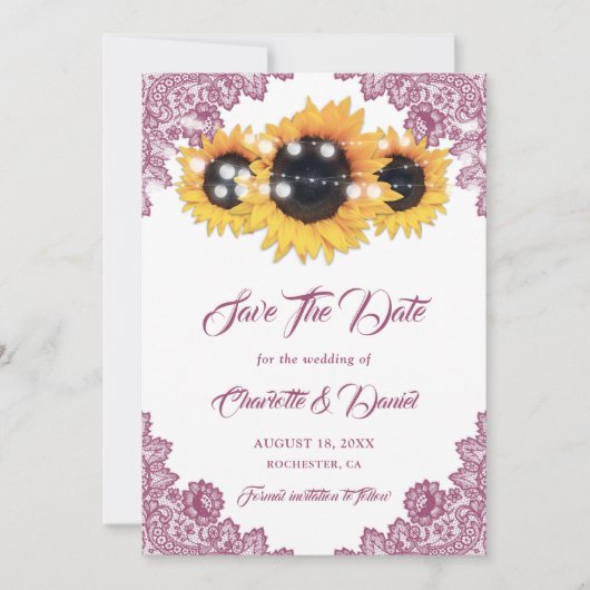 Rosa Sonnenblumen-Rustikale Blumen-Spitze Hochzeit Save The Date (Vorderseite)