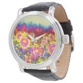 Rosa Sonnenblumenfelder Armbanduhr (Schrägansicht)