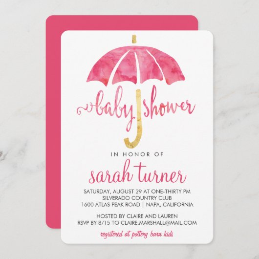 Rosa Sonnenschirm Mädchen Kinderdusche Einladungen (Vorne/Hinten)