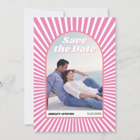 Rosa Sonnenstrahlen Retro Groovy 70er inspiriert H Save The Date (Vorderseite)