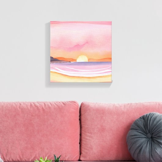 Rosa Sonnenuntergang | Aquarell Beach Sky Malerei Leinwanddruck (Insitu (Wohnzimmer))