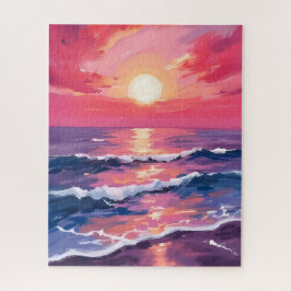 Rosa Sonnenuntergang Lila Ozeanwellen Wasserfarbe Puzzle