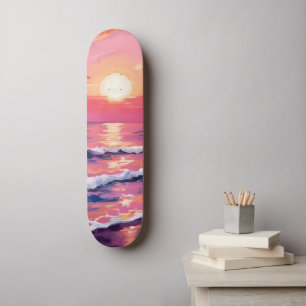 Rosa Sonnenuntergang Lila Ozeanwellen Wasserfarbe Skateboard