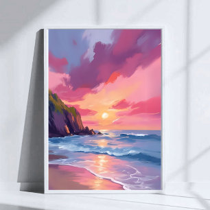 Rosa Sonnenuntergang Ozean Strand Wellen Aquarell Poster