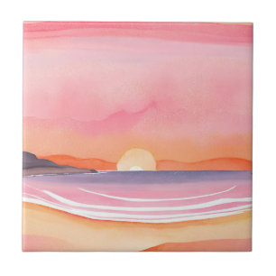 Rosa Sonnenuntergang Wasserfarben Strand Himmel Fliese