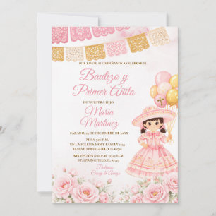 Rosa spanisches Mädchen Fiesta Bautizo und erster Einladung