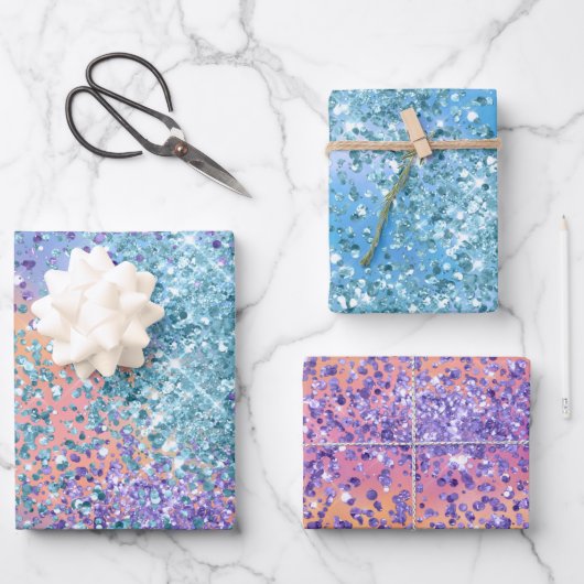 Rosa Sparkasse Lila Aqua Glitzer Confetta Geschenkpapier Set (Vorderseite)
