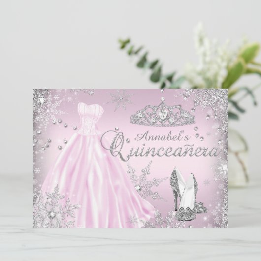 Rosa Sparkkleid Tiara Quinceanera Einladung (Stehend Vorderseite)