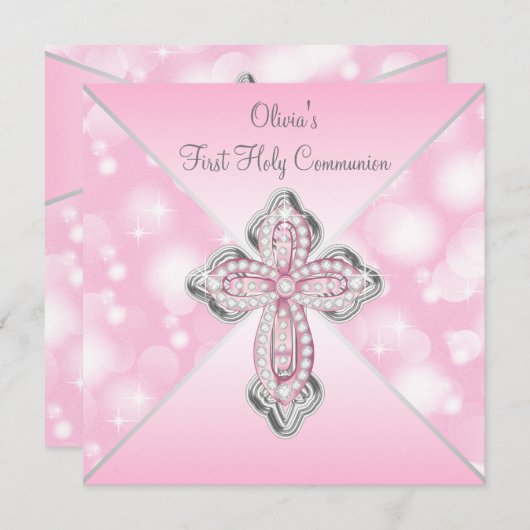 Rosa Sparkle Kreuz Erste Heilige Kommune Einladung (Vorne/Hinten)