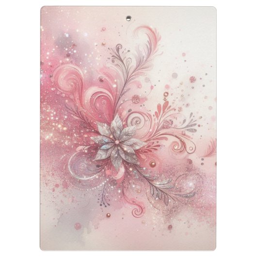 Rosa Sparkle Silver Glitzer Blume Personalisiert Klemmbrett (Rückseite)