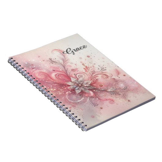 Rosa Sparkle Silver Glitzer Blume Personalisiert Notizblock (Rechte Seite)