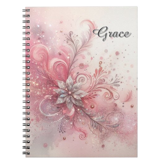 Rosa Sparkle Silver Glitzer Blume Personalisiert Notizblock (Vorderseite)