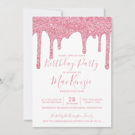 Rosa Sparkone Glitzer Tropfen jedes Jahr am Geburt Einladung (Vorderseite)