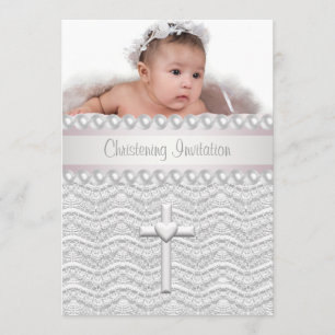 Rosa Spitze perlt Querbaby-Mädchen-Foto-Taufe Einladung