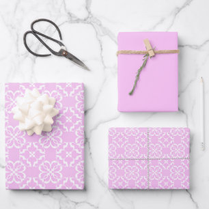Rosa Spitze und weißes Blumen-Gittermuster Geschenkpapier Set