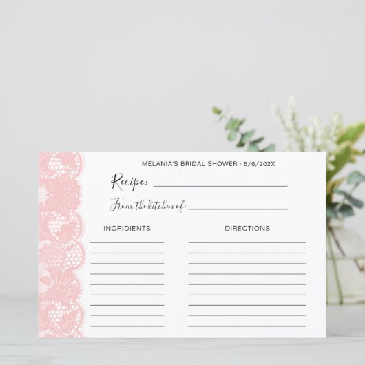 Rosa Spitzen Brautparty Rezeptionskarten (Stehend Vorderseite)