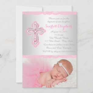 Rosa Spitzen Cross Foto Taufe Christening Einladung