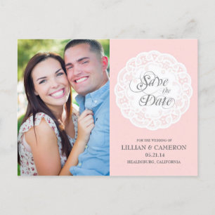 Rosa Spitzen-Doily Save the Date Postkarte