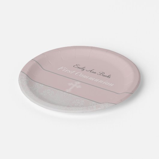 Rosa Spitzen Erste Kommune Pappteller (Schrägansicht)