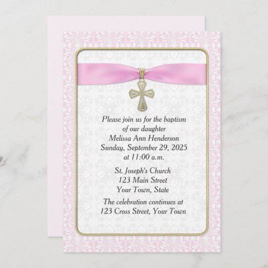 Rosa Spitzen, Gold Cross, Religiöse Einladung (Vorne/Hinten)