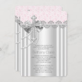 Rosa Spitzen Kreuz Erste Kommune Einladung (Vorne/Hinten)