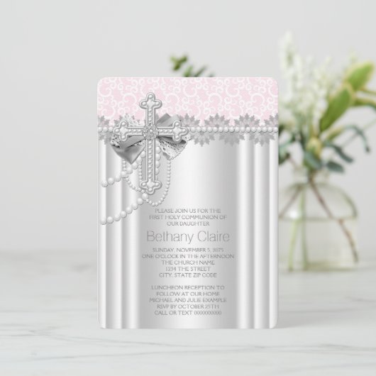 Rosa Spitzen Kreuz Erste Kommune Einladung (Stehend Vorderseite)