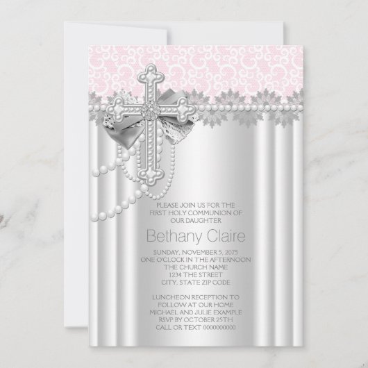 Rosa Spitzen Kreuz Erste Kommune Einladung (Vorderseite)