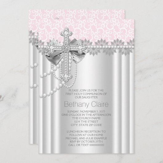 Rosa Spitzen Kreuz Erste Kommune Einladung (Vorne/Hinten)
