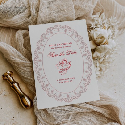 Rosa Spitzenrahmen Vintage-Engel Hochzeit Save The Date